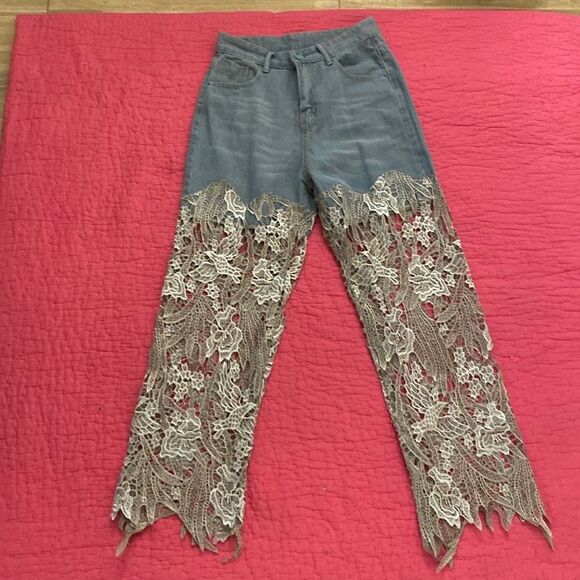 Women's Lace Overlay Jeans, M - Picture 1 of 7